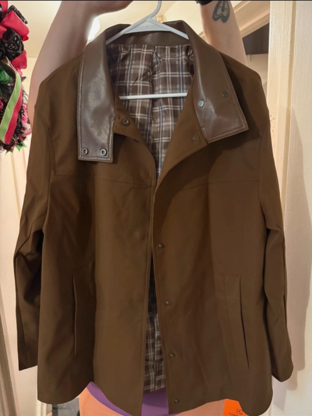 Men's Brown Trench Coat with Leather Collar